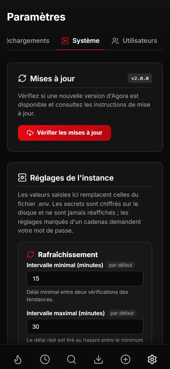 Paramètres en onglets (mobile)