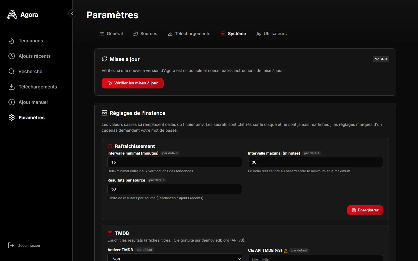 Paramètres en onglets